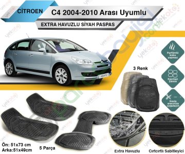 Citroen C4 2004-2010 Arası Uyumlu Extra Havuzlu Kesilebilir Siyah Paspas