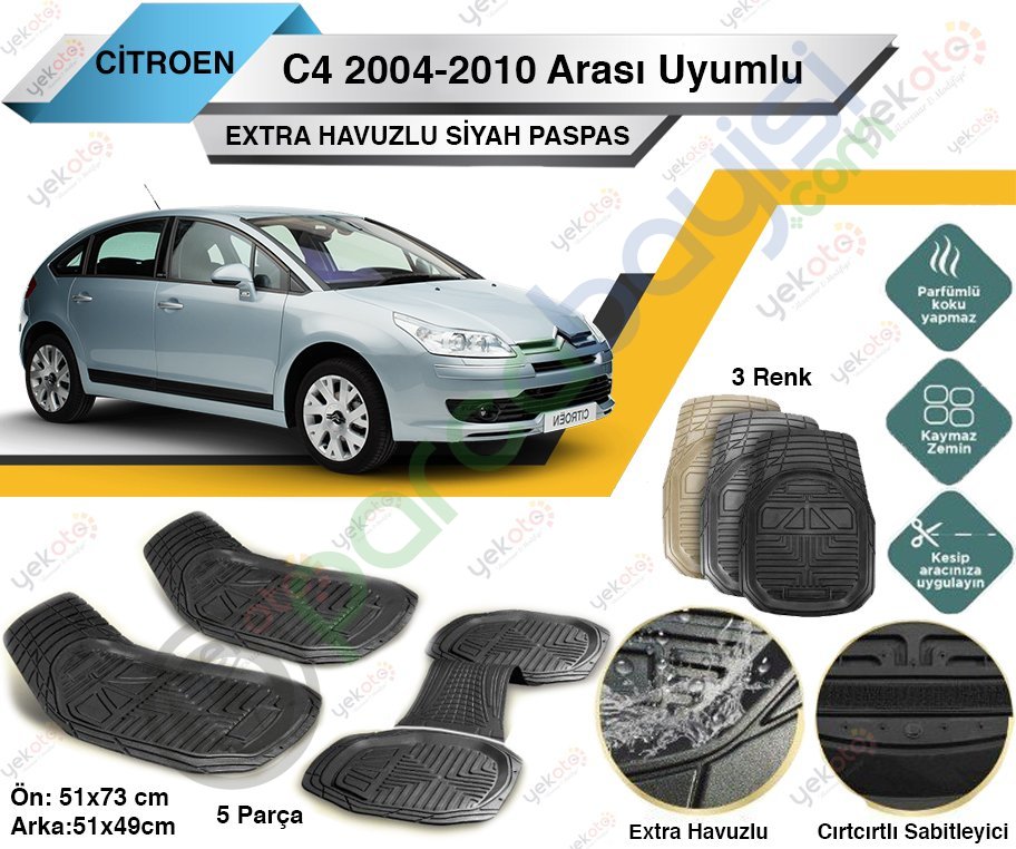 Citroen C4 2004-2010 Arası Uyumlu Extra Havuzlu Kesilebilir Siyah Paspas