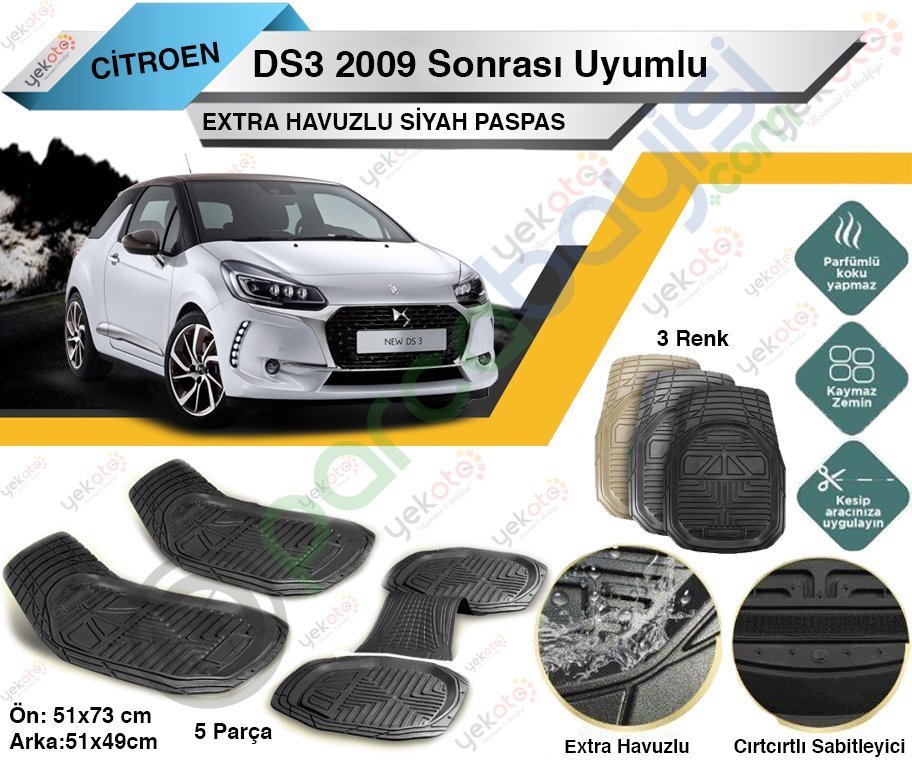 Citroen C3 Ds3 2009 Sonrası Uyumlu Extra Havuzlu Kesilebilir Siyah Paspas