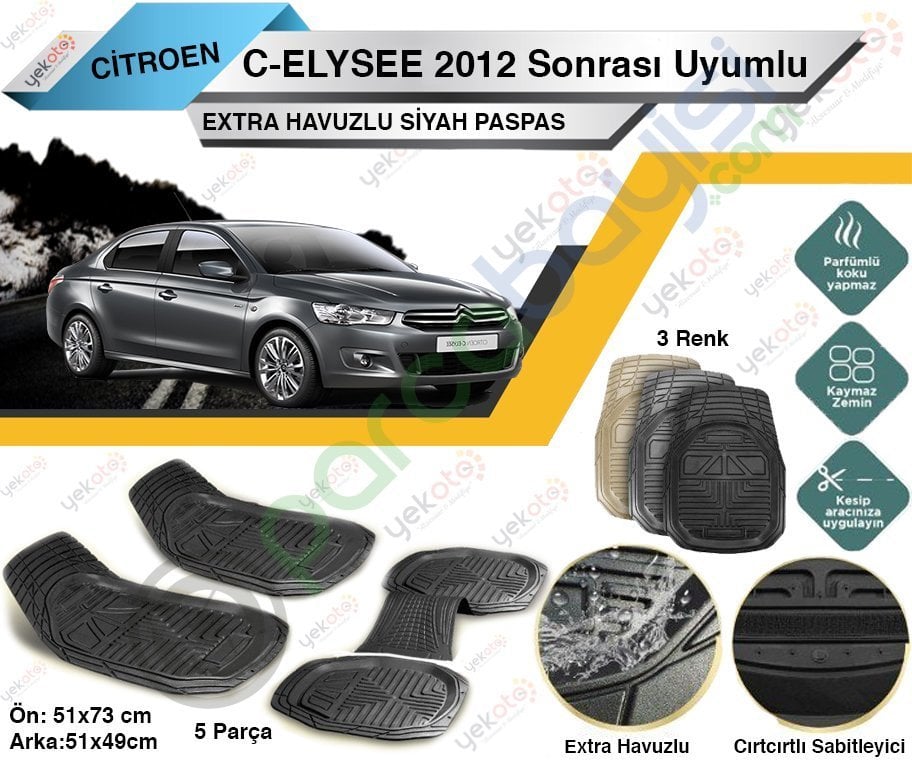 Citroen C-Elysee 2012 Sonrası Uyumlu Extra Havuzlu Kesilebilir Siyah Paspas