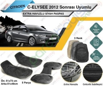 Citroen C-Elysee 2012 Sonrası Uyumlu Extra Havuzlu Kesilebilir Siyah Paspas