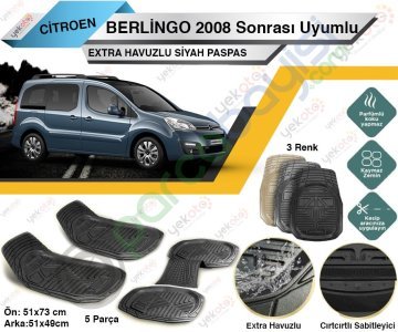Citroen Berlingo 2008 Sonrası Uyumlu Extra Havuzlu Kesilebilir Siyah Paspas