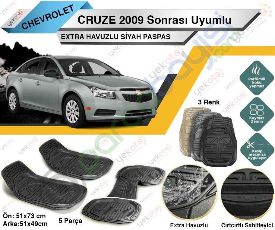Chevrolet Cruze 2009 Sonrası Uyumlu Extra Havuzlu Kesilebilir Siyah Paspas