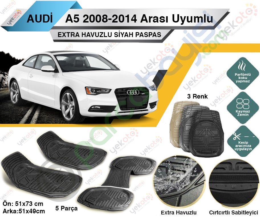 Audi A5 2008-2014 Arası Uyumlu Extra Havuzlu Kesilebilir Siyah Paspas