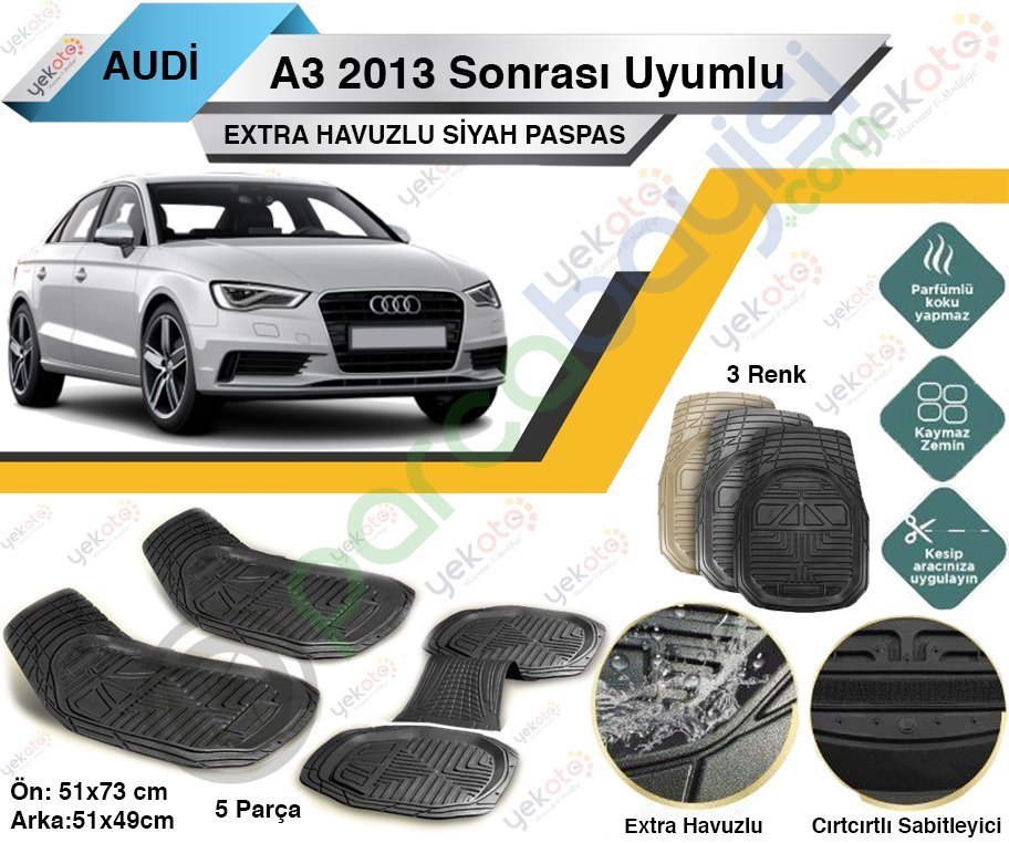 Audi A3 2013 Sonrası Uyumlu Extra Havuzlu Kesilebilir Siyah Paspas