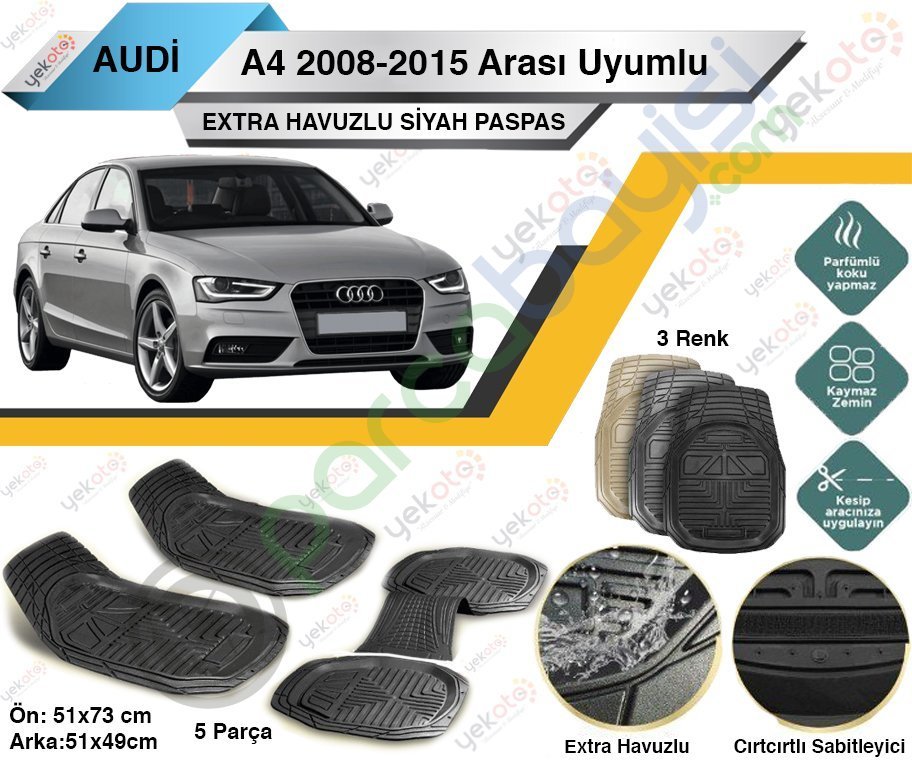 Audi A4 2008-2015 Arası Uyumlu Extra Havuzlu Kesilebilir Siyah Paspas