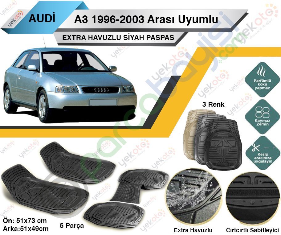 Audi A3 1996-2003 Arası Uyumlu Extra Havuzlu Kesilebilir Siyah Paspas