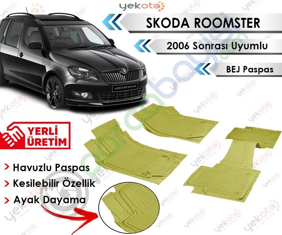Skoda Roomster 2006 Sonrası Uyumlu Havuzlu Kesilebilir Bej Paspas