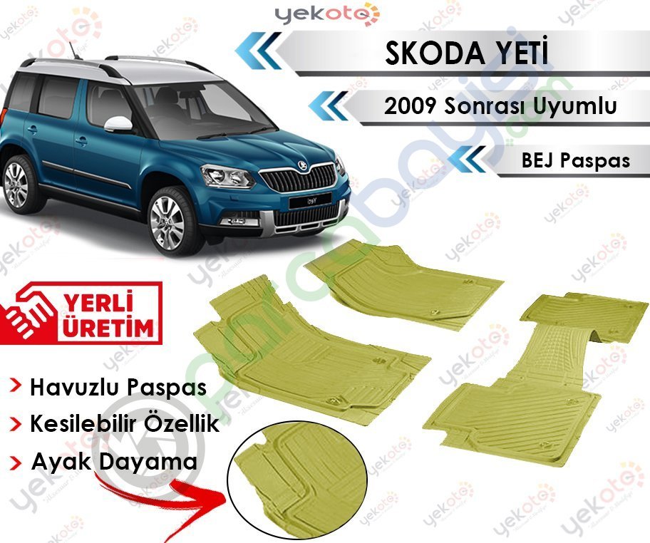 Skoda Yeti 2009 Sonrası Uyumlu Havuzlu Kesilebilir Bej Paspas