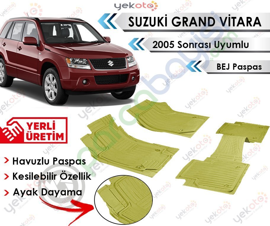 Suzuki Grand Vitara 2005 Sonrası Uyumlu Havuzlu Kesilebilir Bej Paspas
