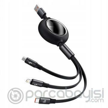 Baseus 66W Makaralı 3in1 Type-C + Lightning + Micro USB Kablo Hızlı Şarj Kablosu