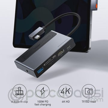 Baseus Magic Çok Fonksiyonlu Klipsli Type-C HUB 6in1 (USB3.0+SD+TF+HDMI+Type-C+3.5mm) Adaptör Çoklay