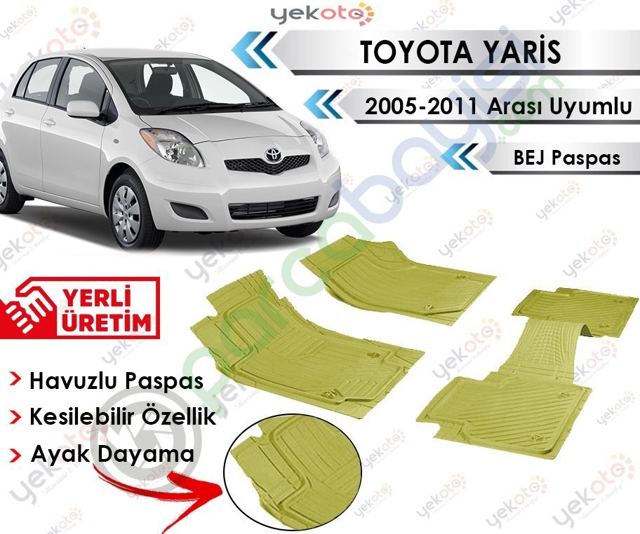 Toyota Yaris 2005-2011 Arası Uyumlu Havuzlu Kesilebilir Bej Paspas
