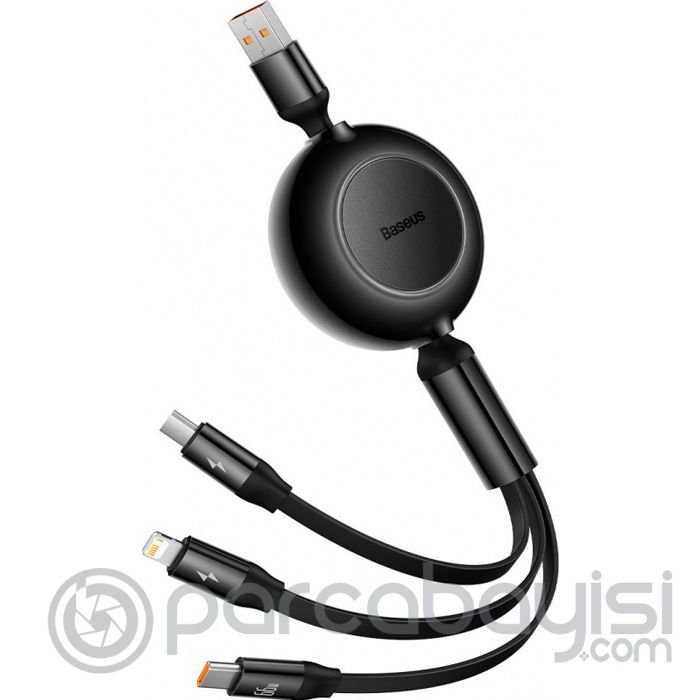 Baseus 66W Makaralı 3in1 Type-C + Lightning + Micro USB Kablo Hızlı Şarj Kablosu