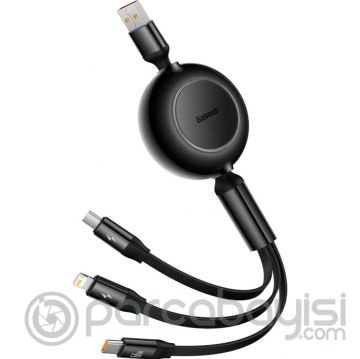 Baseus 66W Makaralı 3in1 Type-C + Lightning + Micro USB Kablo Hızlı Şarj Kablosu