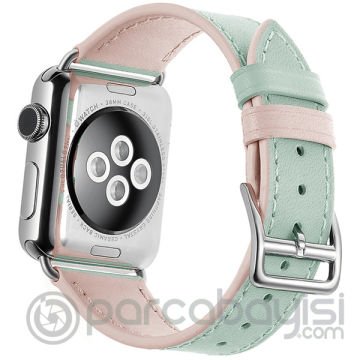 Ally Apple Watch 7-8 45mm 6-5-4 44mm Hakiki Deri Kayış Kordon 3-2-1 42mm ÜST YEŞİL,ALT PEMBE