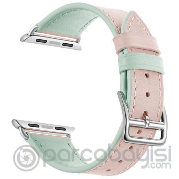 Ally Apple Watch 7-8 45mm 6-5-4 44mm Hakiki Deri Kayış Kordon 3-2-1 42mm ÜST YEŞİL,ALT PEMBE