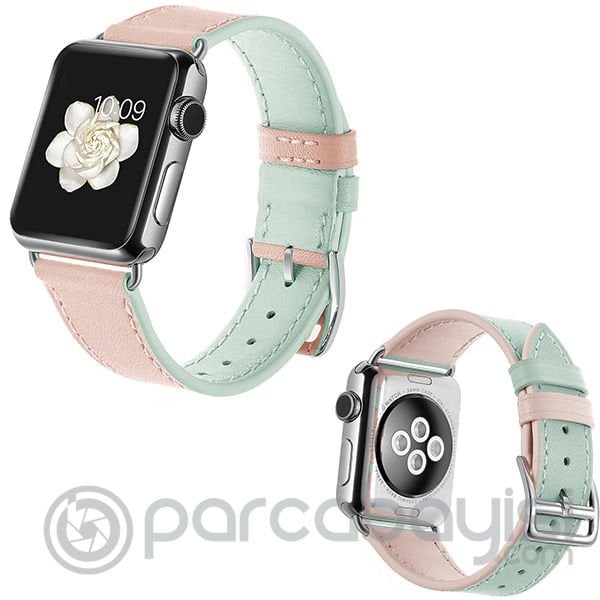 Ally Apple Watch 7-8 45mm 6-5-4 44mm Hakiki Deri Kayış Kordon 3-2-1 42mm ÜST YEŞİL,ALT PEMBE