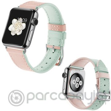 Ally Apple Watch 7-8 45mm 6-5-4 44mm Hakiki Deri Kayış Kordon 3-2-1 42mm ÜST YEŞİL,ALT PEMBE
