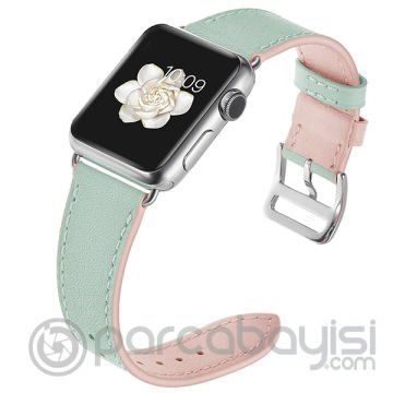 Ally Apple Watch 7-8 45mm 6-5-4 44mm Hakiki Deri Kayış Kordon 3-2-1 42mm ÜST YEŞİL,ALT PEMBE