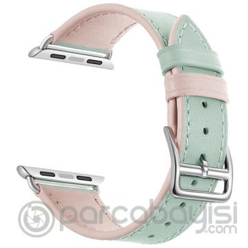 Ally Apple Watch 7-8 45mm 6-5-4 44mm Hakiki Deri Kayış Kordon 3-2-1 42mm ÜST YEŞİL,ALT PEMBE