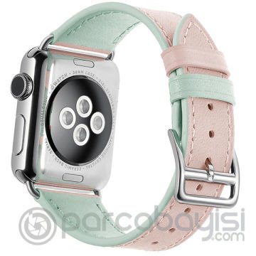 Ally Apple Watch 7-8 45mm 6-5-4 44mm Hakiki Deri Kayış Kordon 3-2-1 42mm ÜST YEŞİL,ALT PEMBE