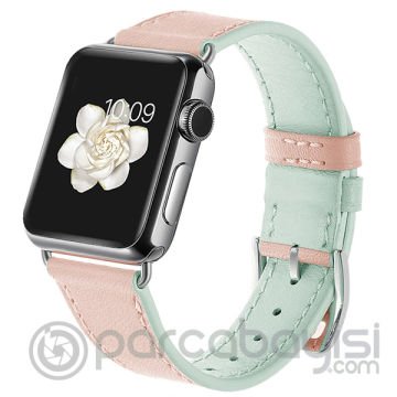 Ally Apple Watch 7-8 45mm 6-5-4 44mm Hakiki Deri Kayış Kordon 3-2-1 42mm ÜST YEŞİL,ALT PEMBE