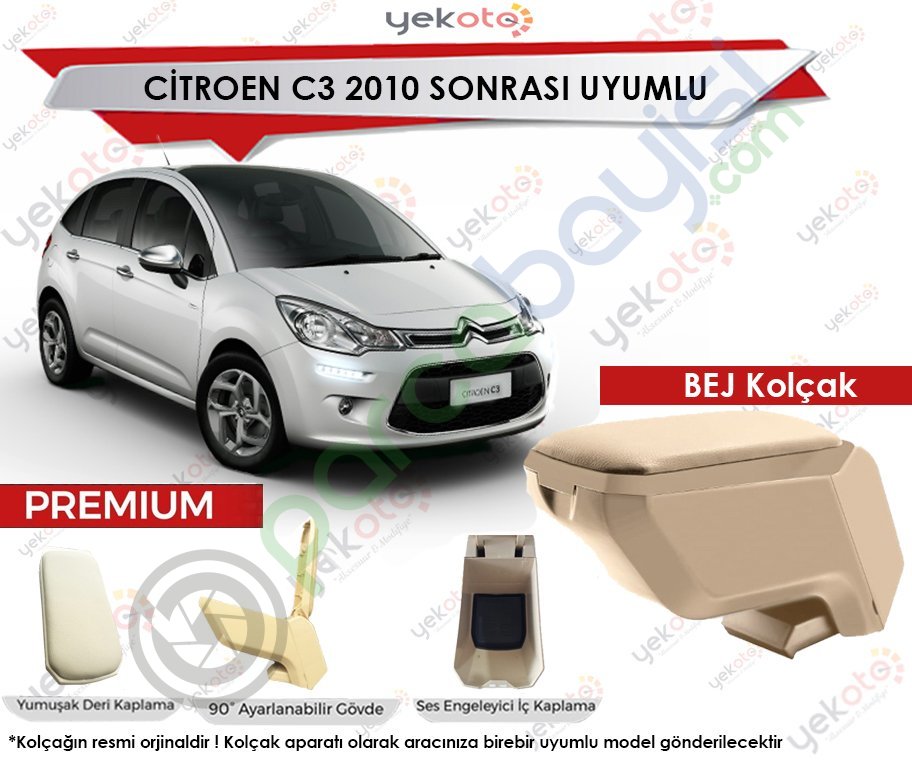 Citroen C3 2010 Sonrası Uyumlu Bej Kolçak Kol Dayama Ultra Kaliteli