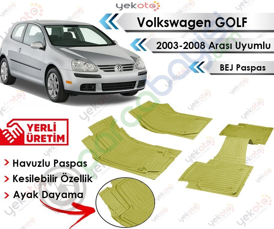 Volkswagen Golf 2003-2008 Arası Uyumlu Havuzlu Kesilebilir Bej Paspas