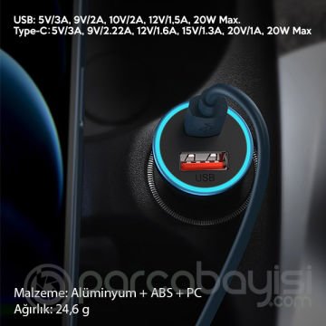 Baseus Golden Contactor Pro 40W USB Type-C Dual Hızlı Araç Şarj Başlık + Type-C to Lightning iPhone