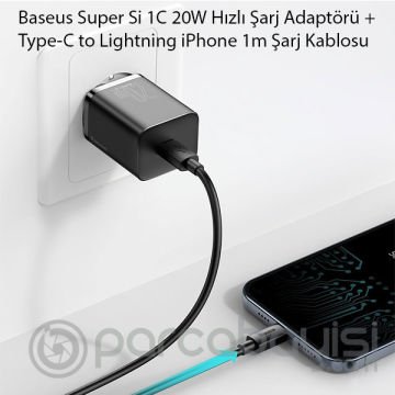 Baseus Super Si 1C 20W Hızlı Şarj Adaptörü + Type-C to Lightning iPhone 1m Şarj Kablosu