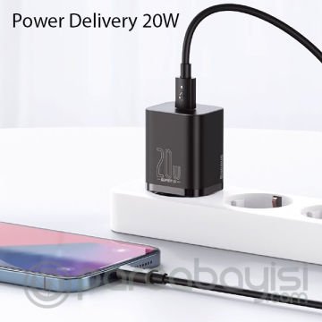 Baseus Super Si 1C 20W Hızlı Şarj Adaptörü + Type-C to Lightning iPhone 1m Şarj Kablosu
