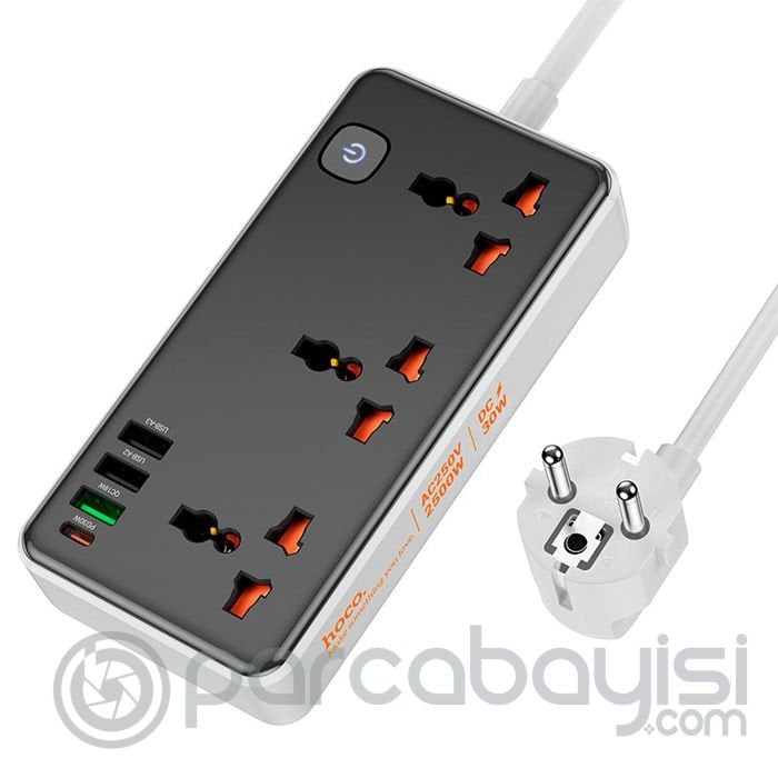 HOCO AC8A 2500W 3 Priz + 3 USB + 30W Type-C Multifonksiyonel Priz Çoğaltıcı Şarj Aleti