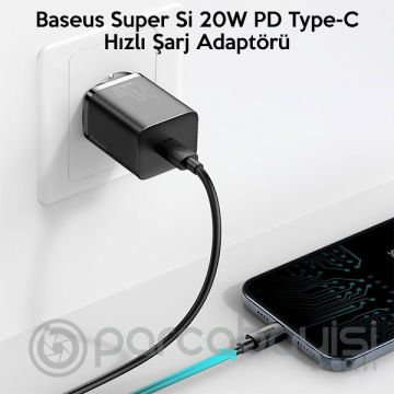 Baseus Super Si 20W PD Type-C Hızlı Şarj Adaptörü 20W İPhone 14-13- 12-11 Hızlı Şarj