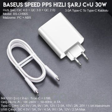 Baseus Speed PPS Hızlı Şarj C+U 30W（ 1metre) Usb C to Usb C Şarj Kablosu