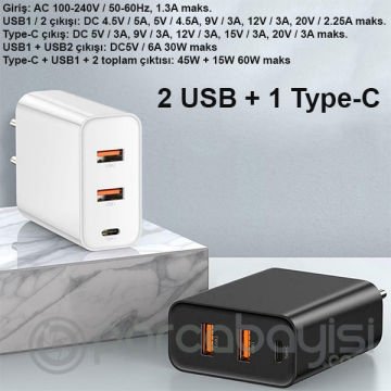 Baseus PPS three output 4.0 3.0 Hızlı Şarj(C+U+U)60W Şarj Aleti Başlık