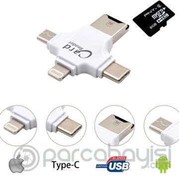 Card Reader 4in1 Type-C- İphone Lightning-Micro Usb Hafıza Kart Okuyucu