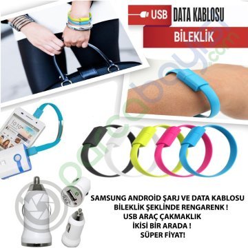 Usb Bileklik Android Samsung Data Ve Şarj Kablosu Usb Araç Çakmaklık 2 Li Set