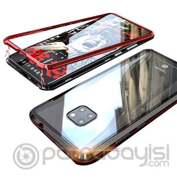 Huawei Mate 20 Pro Mıknatıslı 360 Koruma Arkası Cam Metal Frame Kılıf