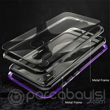Huawei Mate 20 Pro Mıknatıslı 360 Koruma Arkası Cam Metal Frame Kılıf