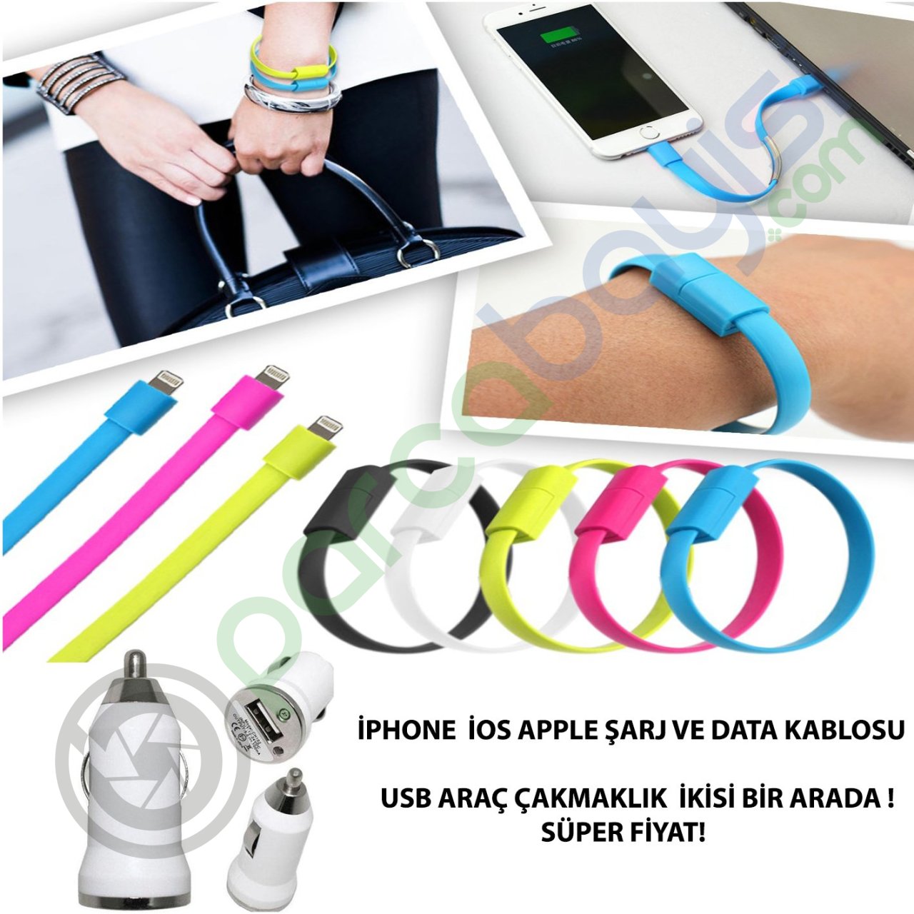 Usb Bileklik İos Apple İphone Data Ve Şarj Kablosu Usb Araç Çakmaklık 2 Li Set
