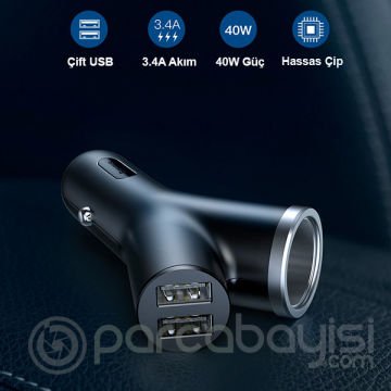 Baseus Y type Çift USB+Araba Çakmaklık Şarj Cihazı