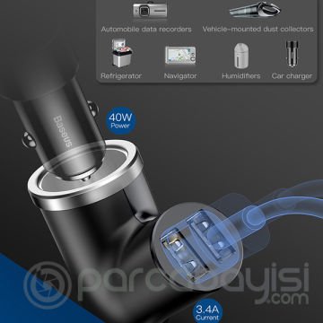 Baseus Y type Çift USB+Araba Çakmaklık Şarj Cihazı
