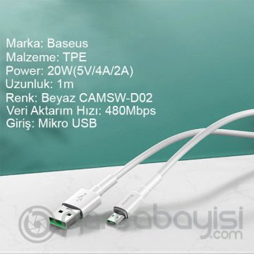 Baseus Mini White Micro USB 4A OPPO VIVO Dash Usb Şarj Kablosu 1Metre