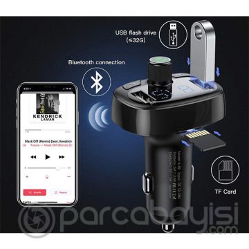 Baseus T typed S-09 Bluetooth FM Transmitter Çift Usb Araç Şarj Aleti SİYAH,KAHVERENGİ
