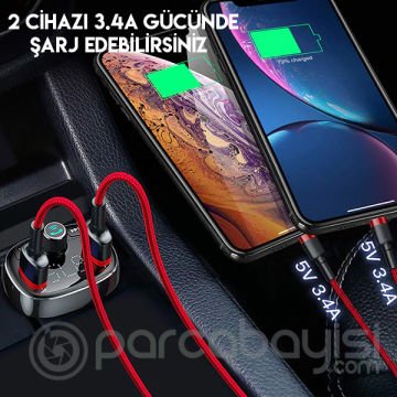 Baseus T typed S-09 Bluetooth FM Transmitter Çift Usb Araç Şarj Aleti SİYAH,KAHVERENGİ