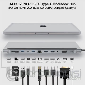 ALLY 12 İN1 USB 3.0 Type-C Notebook Hub (PD-Çift HDMI-VGA-RJ45-SD-USB*3) Adaptör Çoklayıcı