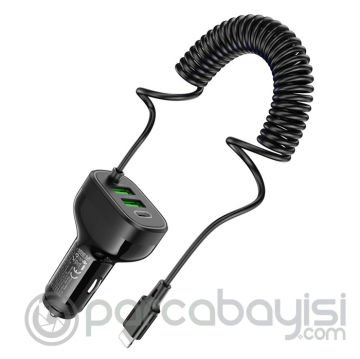 HOCO NZ11A 30W 2 USB+ Type-C Girişli iPhone Kablolu Araç Çakmaklık Şarj Aleti