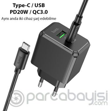 HOCO CS14A 20W Type-C + USB Hızlı Şarj Adaptörü Başlığı + Type-C Kablo