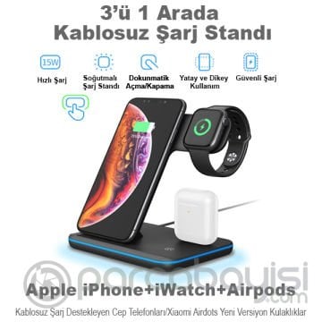 ALLY Z5 3İN1 15W Hızlı Şarj Wireless Kablosuz Şarj Stand İPhone İWatch Airpods